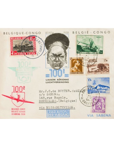Bélgica. Sobre Yv 467. 1938. Diversos valores y 4´50 f rojo y negro del Congo Belga. Dirigida a BRUSELAS, vía BUMBA (CONGO BEL