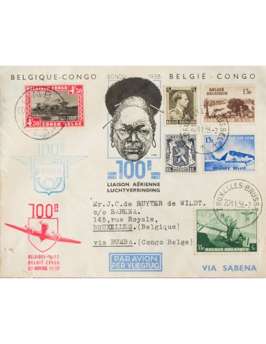 Bélgica. Sobre Yv 467. 1938. Diversos valores y 4´50 f rojo y negro del Congo Belga. Dirigida a BRUSELAS, vía BUMBA (CONGO BEL