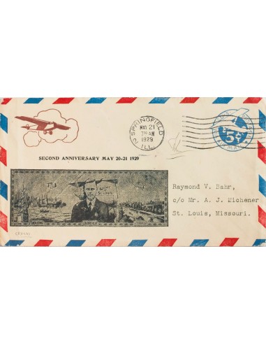 Estados Unidos. Sobre Yv . 1929. 5 ctvos azul sobre Entero Postal conmemorativo del 2º ANIVERSARIO DE LA TRAVESIA DEL ATLANTIC
