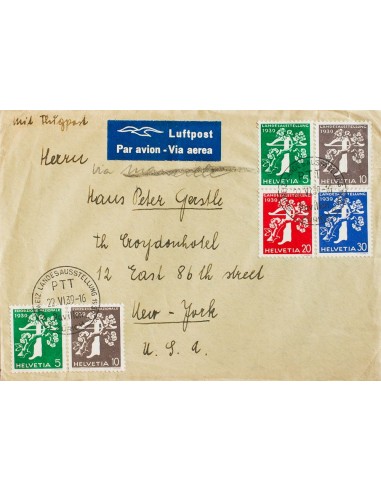 Suiza. Sobre Yv 337/40, 333, 334. 1939. Serie completa, 5 cts verde y 10 cts castaño violeta. ZURICH a NUEVA YORK (U.S.A.). Al