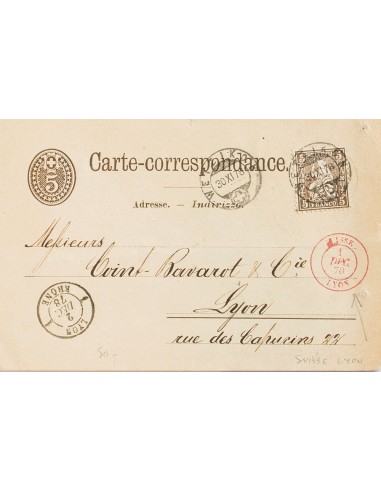 Suiza, Entero Postal. Sobre Yv 50. 1878. 5 cts castaño sobre Tarjeta Entero Postal de WETIKON a LYON (FRANCIA), con franqueo c