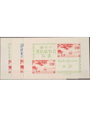 Japón, Hoja Bloque. (*)Yv 22(3). 1949. Tres hojas bloque, con leyendas diferentes. MAGNIFICAS. Yvert 2015: 80 Euros.