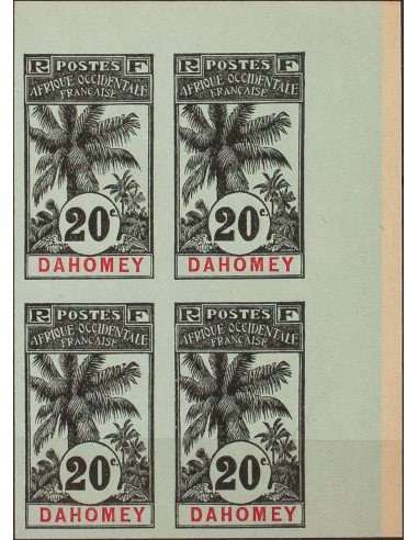 Dahomey. (*)Yv 23a(4). 1906. 20 cts negro sobre azul gris, bloque de cuatro. SIN DENTAR. MAGNIFICO. Yvert 2013: 440 Euros.