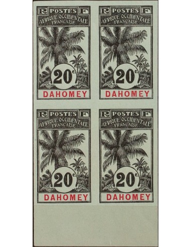 Dahomey. (*)Yv 23a(4). 1906. 20 cts negro sobre azul-gris, bloque de cuatro. SIN DENTAR. MAGNIFICO. Yvert 2013: 440 Euros.