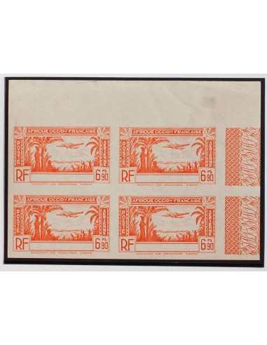 Costa de Marfil, Aéreo. **Yv 5ab(4). 1940. 6´90 f naranja, bloque de cuatro. Sin leyenda COTE D´IVOIRE y SIN DENTAR. MAGNIFICO