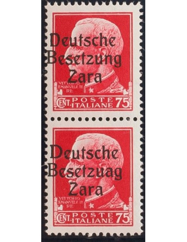 Zara. **Yv 8(2). 1943. 75 cts rosa rojo, pareja. Un sello presenta la variedad BESETZUAG. MAGNIFICA Y RARA. (Sassone 8, 8a)