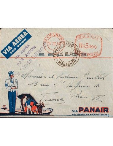 Brasil. Sobre Yv . 1938. 5.400 reis Franqueo Mecánico. Correo Aéreo de Panair de MARANHAO a PARIS (FRANCIA), circulada por la