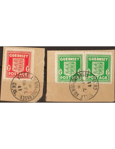 Guernsey, Ocupación Alemana. Fragmento Yv 1(2), 2. 1941. ½ p verde, dos sellos fragmento y 1 p rojo, sobre fragmento. Matasell