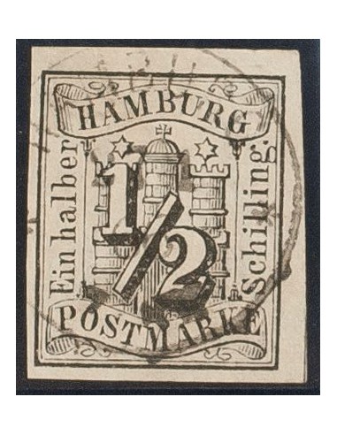 Hamburgo. ºYv 1. 1859. ½ s negro. Matasello fechador HAMBURG. MAGNIFICO Y RARO. (Mi1 750 Euros)