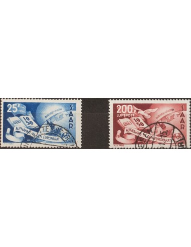 Sarre. ºYv 277, Aéreo 13. 1950. 25 f azul y 200 f castaño rojo. MAGNIFICOS. (Mi297/98 320 Euros)