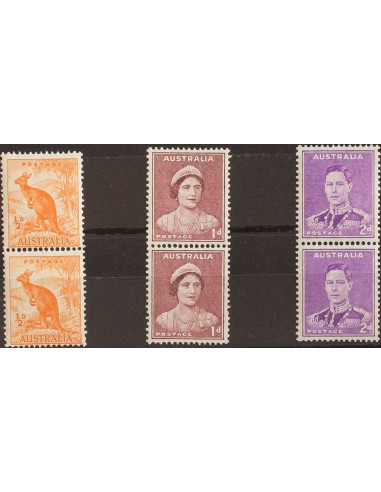Australia. **Yv 110A(2), 127A(2), 131A(2). 1937. ½ p naranja, 1 p castaño violeta y 2 p violeta lila, parejas de bobinas. MAGN