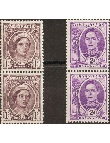 Australia. **Yv 143(2), 145(2). 1942. 1 p castaño violeta y 2 p violeta lila, parejas procedentes de bobinas. MAGNIFICAS. (SG2