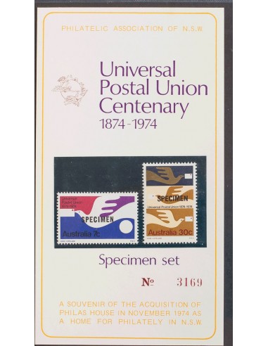 Australia. **Yv 542/43. 1974. Serie completa, tarjeta souvenir de la U.P.U. Sobrecarga SPECIMEN. MAGNIFICA.