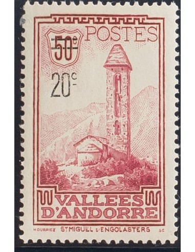Andorra Francesa. **Yv 46. 1935. 20 cts sobre 50 cts rojo. MAGNIFICO. Yvert 2016: 35 Euros.