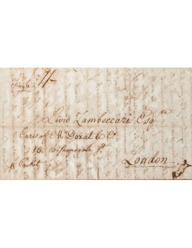 Trinidad y Tobago. Sobre Yv . 1840. TRINIDAD a LONDRES. En el frente manuscrito "Single 1/-" y "P. Packet", al dorso fechador
