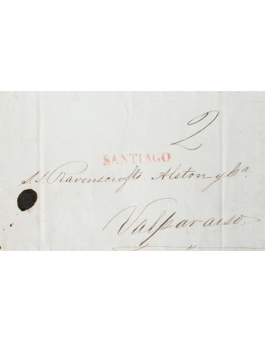 Chile, Prefilatelia. Sobre Yv . 1852. SANTIAGO a VALPARAISO. Marca SANTIAGO y porteo manuscrito "2 (reales)". MAGNIFICA.
