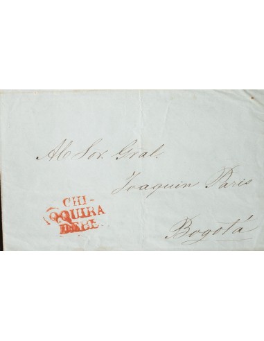 Colombia, Prefilatelia. Sobre Yv . 1850. MINAS a BOGOTA. Marca CHI / QQUIRA / DEBE, en rojo (se trata de la marca oval a falta