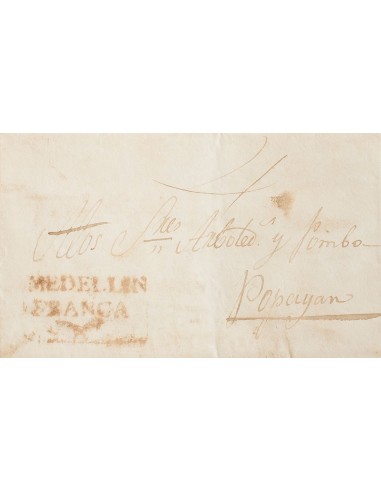 Colombia, Prefilatelia. Sobre Yv . 1824. MEDELLIN a POPAYAN. Marca MEDELLIN / FRANCA y porteo manuscrito "4". MAGNIFICA.