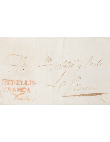Colombia, Prefilatelia. Sobre Yv . 1834. MEDELLIN a POPAYAN. Marca MEDELLIN / FRANCA, en rojo y porteo manuscrito "4". MAGNIFI