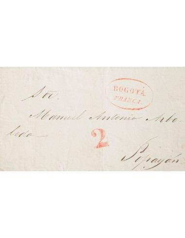 Colombia, Prefilatelia. Sobre Yv . (1840ca). BOGOTA a POPAYAN. Marca BOGOTA / FRANCA, en rojo y porteo "2". MAGNIFICA.