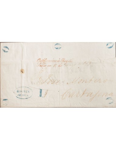 Colombia, Prefilatelia. Sobre Yv . 1859. Certificado de BOGOTA a CARTAGENA DE INDIAS. Marcas CERTIFICACION A BOGOTA / SALIO EN