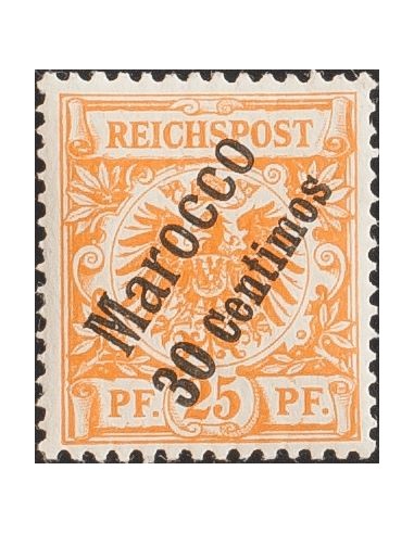 Marruecos, Oficina Alemana. *Yv 5. 1899. 30 cts sobre 25 p naranja. Variedad PUNTO DE COLOR JUNTO A LA "M". MAGNIFICO Y RARO.