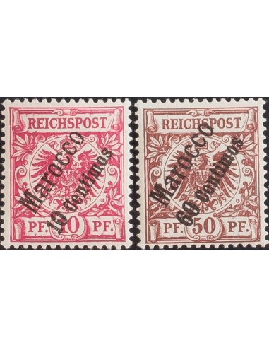 Marruecos, Oficina Alemana. *Yv 3, 6. 1899. 10 cts sobre 10 p rojo y 60 cts sobre 50 p castaño- MAGNIFICOS. (michel 3a, 6, 42