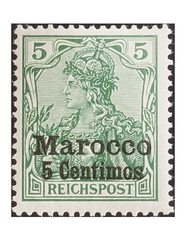 Marruecos, Oficina Alemana. **Yv 8. 1900. 5 cts sobre 5 p verde (Tipo II). MAGNIFICO Y RARO. (Michel 8II, 250 Euros)