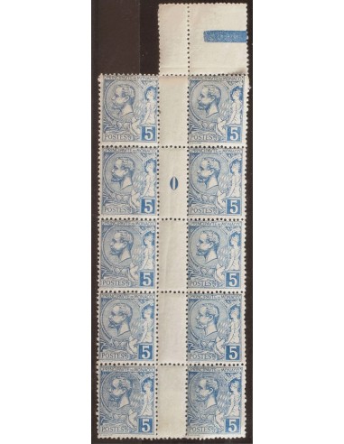 Mónaco. **Yv 13(10). 1891. 5 cts azul, bloque de diez sellos. INTERPANEL CENTRAL (una pareja con Nº0). MAGNIFICO. Yvert 2016: