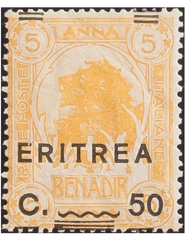 Eritrea. **Yv 59. 1922. 50 cts sobre 5 cts amarillo. Variedad SOBRECARGA DESPLAZADA VERTICALMENTE. MAGNIFICO. (Sassone 59ca)