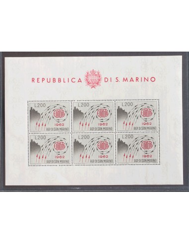 San Marino. **Yv 572(6). 1962. 200 l gris y carmín, minihoja de seis sellos. MAGNIFICA.