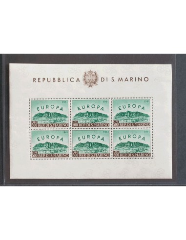 San Marino. **Yv 523(6). 1961. 500 l verde y castaño, minihoja de seis sellos. MAGNIFICO.