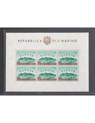 San Marino. **Yv 523(6). 1961. 500 l verde y castaño, minihoja de seis sellos. MAGNIFICA.