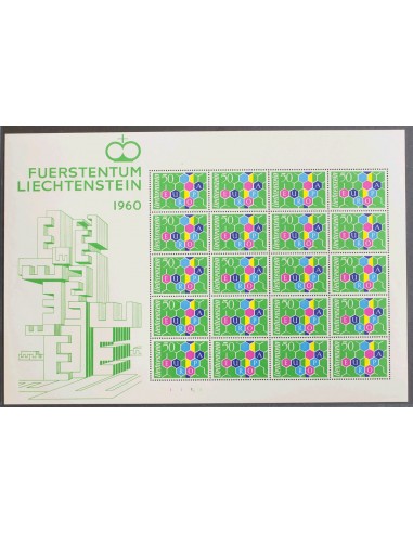 Liechtenstein. **Yv 355(20). 1960. 50 cts multicolor, minihoja de veinte sellos. MAGNIFICA Y RARA. Yvert 2016: 2.400 Euros.