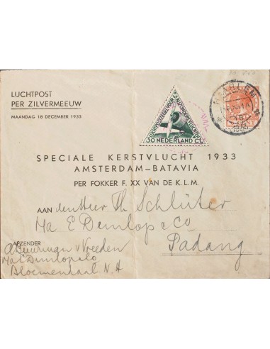 Holanda. Sobre Yv 139, Aéreo 10. 1933. 6 cts naranja y 30 cts verde. HAAREM a PADANG (INDONESIA). Vuelo especial AMSTERDAM-BAT