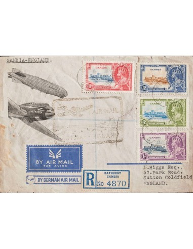 Gambia. Sobre Yv 115/18. 1936. Serie completa. Certificado de BATHURST a SUTTON COLDFIELD (INGLATERRA) (rotura en el frente).