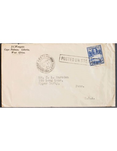 Sierra Leona. Sobre Yv 129. 1937. 3 p ultramar. CAPE PALMAS (LIBERIA) a DARBY (U.S.A.). Matasello POSTED ON STEAMER. MAGNIFICA