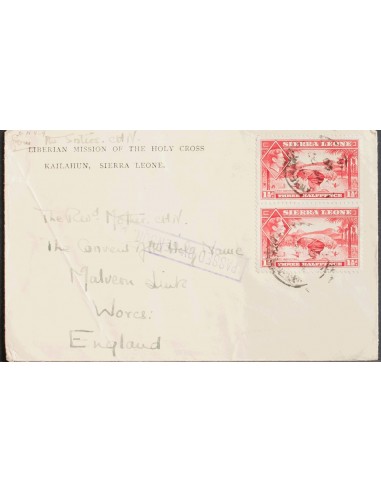 Sierra Leona. Sobre Yv 160(2). 1940. 1 ½ p rojo, dos sellos. Sobre de la LIBERIAN MISSION OF THE HOLY CROSS de KAILAHUN a MALV