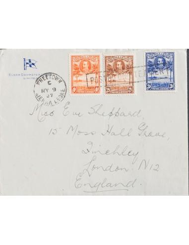 Sierra Leona. Sobre Yv 125/30. 1937. ½ p, 1 p, 1 ½ p (al dorso), 2 p, 3 p y 4 p. FREETOWN a LONDRES (INGLATERRA). Matasello PO