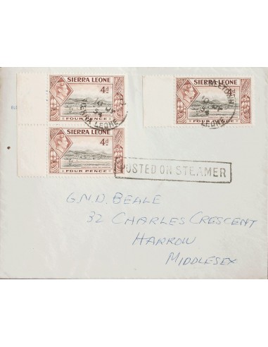 Sierra Leona. Sobre Yv 163(2). 1954. 4 p castaño rojo y negro, tres sellos. FREETOWN a HARROW (INGLATERRA). En el frente marca