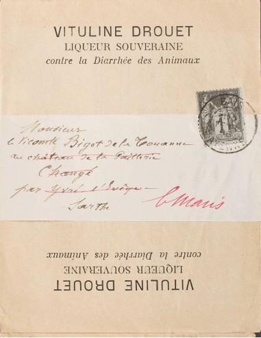 Francia. Sobre Yv 83b. 1898. 1 cts negro sobre gris (defecto de origen). Impreso (completo) de BAIS a YURE L´EVEQUE, y reexped