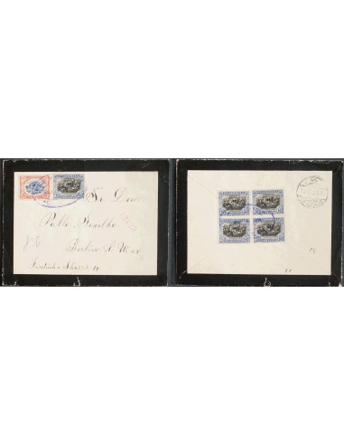 Guatemala. Sobre Yv 137(5), 126. 1908. 12 ½ ctvos azul y negro, cinco sellos (cuatro al dorso) y 50 ctvos castaño rojo y azul.