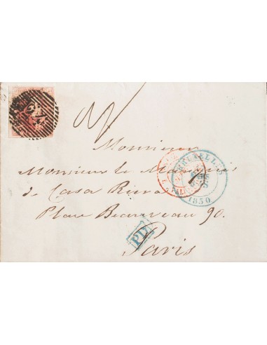 Bélgica. Sobre Yv 5. 1850. 40 cts rojo PAPEL DELGADO (margen justo). BRUSELAS a PARIS (escrita en español). Matasello numeral