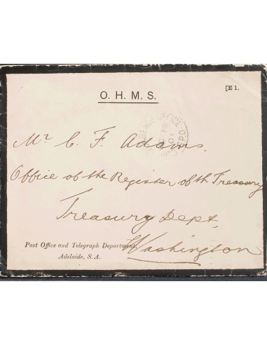 Australia. Sobre Yv . 1901. Carta del Servicio Postal de ADELAIDA a WASHINGTON (U.S.A.), circulada sin sellos por tratarse de