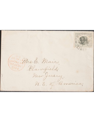 Liberia. Sobre Yv 53. 1902. 5 ctvos gris y negro. HARPER a PLAINFIELD (U.S.A.). Matasello HARPER / LIBERIA y en el frente trán