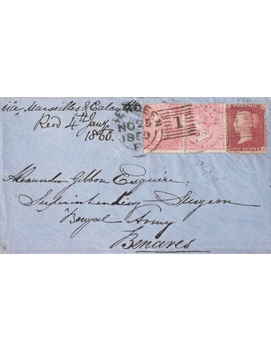 Gran Bretaña. Sobre Yv 14, 18(2). 1859. 1 p rojo carmín (defectitos) y 4 p rosa, dos sellos. ABERDEEN a BENARES (INDIA), circu
