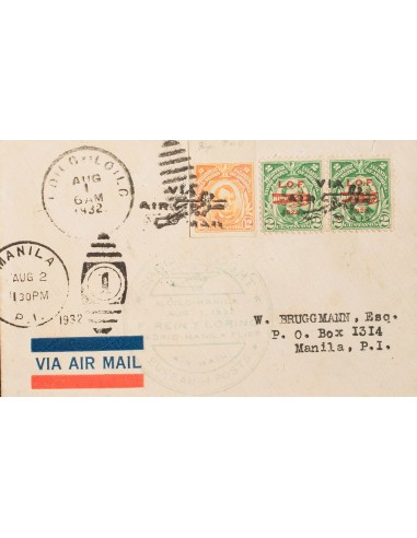 Filipinas. Sobre Yv 210, Aéreo 15(2). 1932. 12 ctvos naranja SIN DENTAR y 2 ctvos verde, dos sellos aéreos. ILO-ILO a MANILA.