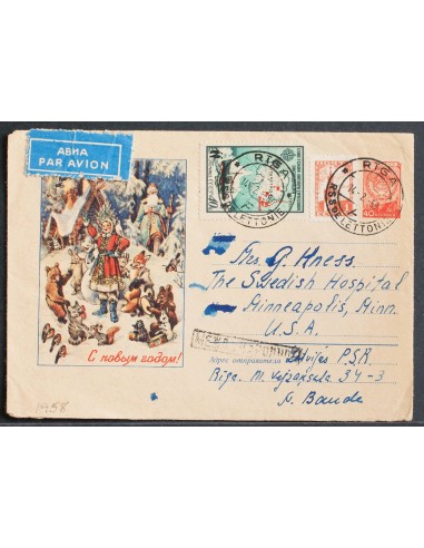 Letonia. Sobre Yv Rusia 1861, 1233. 1958. 40 k sobre Entero Postal (Ruso) de RIGA a MINNEAPOLIS (U.S.A.), con franqueo complem