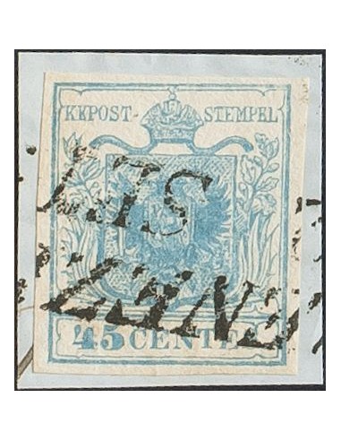 Lombardía Venecia. Fragmento Yv 5a. 1850. 45 cts azul, sobre fragmento. Matasello VENEZIA. MAGNIFICO. (Sassone 11)
