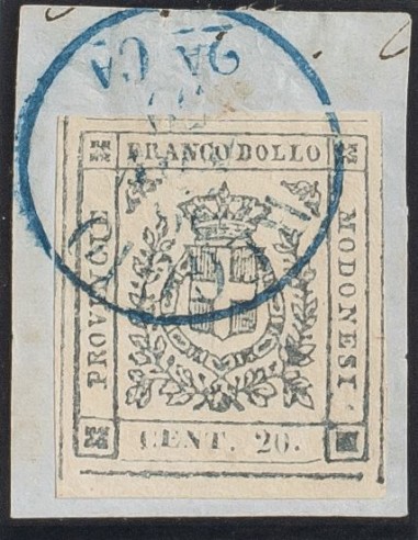 Modena. Fragmento Yv 9a. 1859. 20 cts lila gris, sobre fragmento. Matasello REGGIO, en azul. MAGNIFICO Y RARO. (Sassone 16)